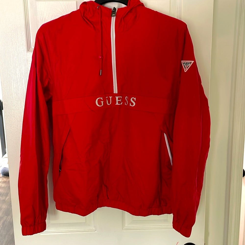 Men’s Red Guess Windbreaker Pullover.